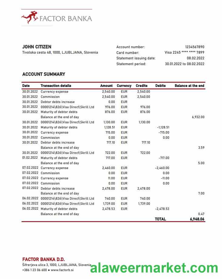 Slovenia Factor Banka bank statement xls